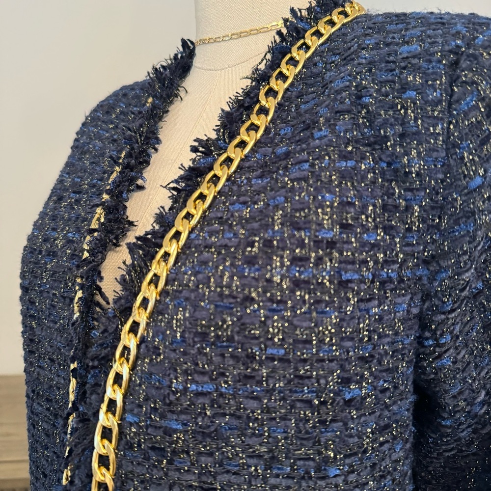 NWOT Christian Lacroix Navy and Gold Metallic Tweed Cropped Blazer | Small - Picture 10 of 13